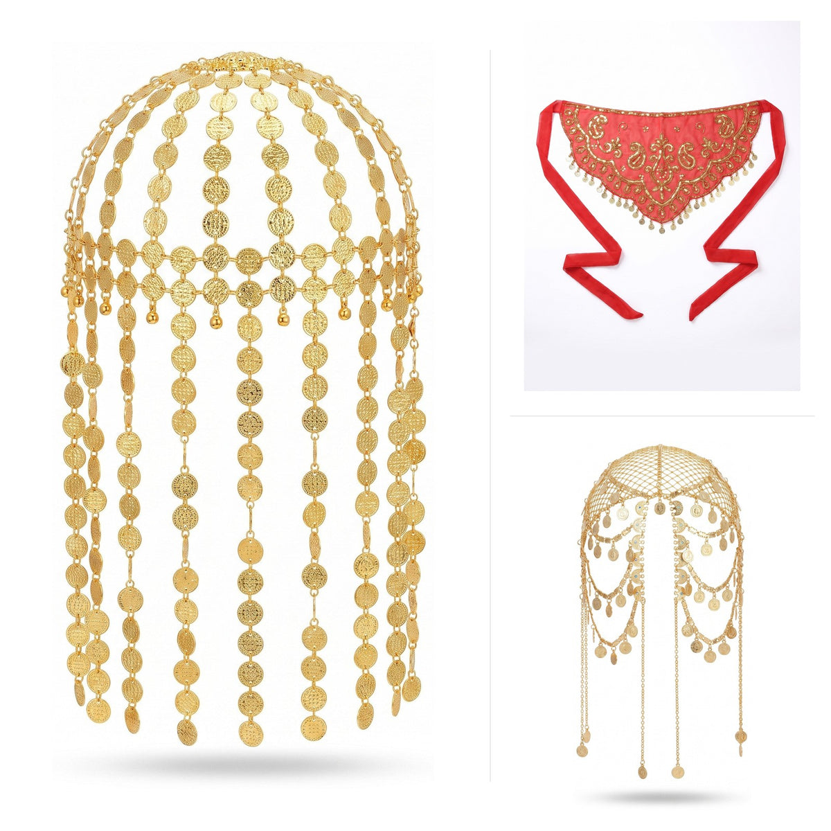 Belly dance headpieces, coin head caps and face veils