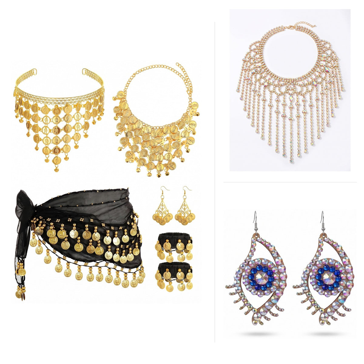 Belly dance jewelry, coin collars, body chains and crystal earrings