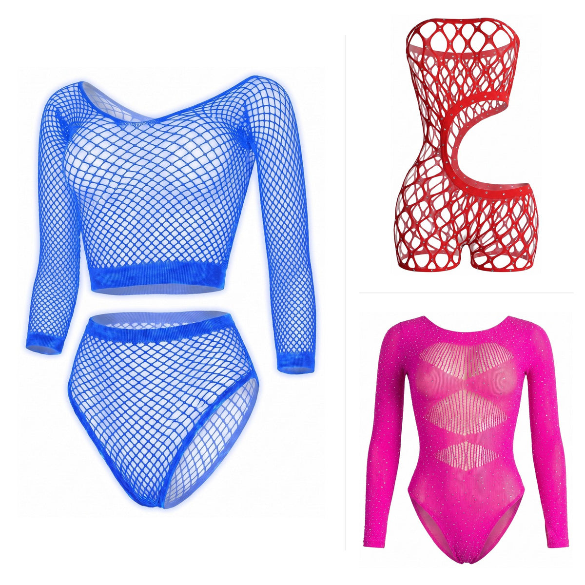 Festival and rave wear - rhinestone bodysuits, rompers and glow sets