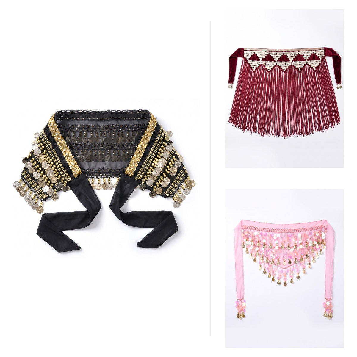 Belly dance hip scarves, coin belts and fringe wraps