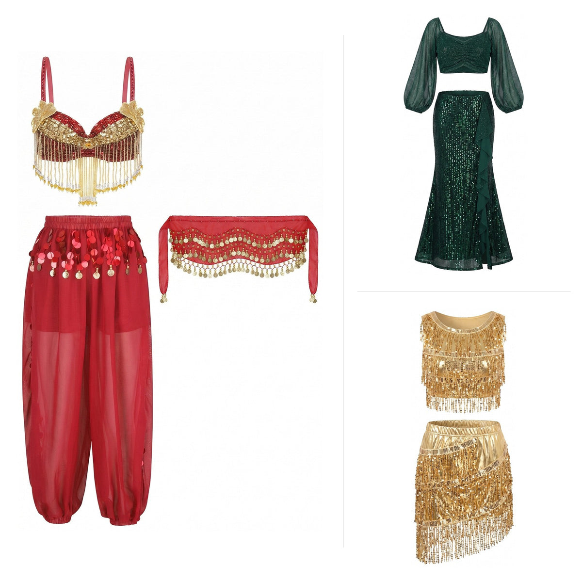 Belly dance costume sets, bra tops and two-piece outfits