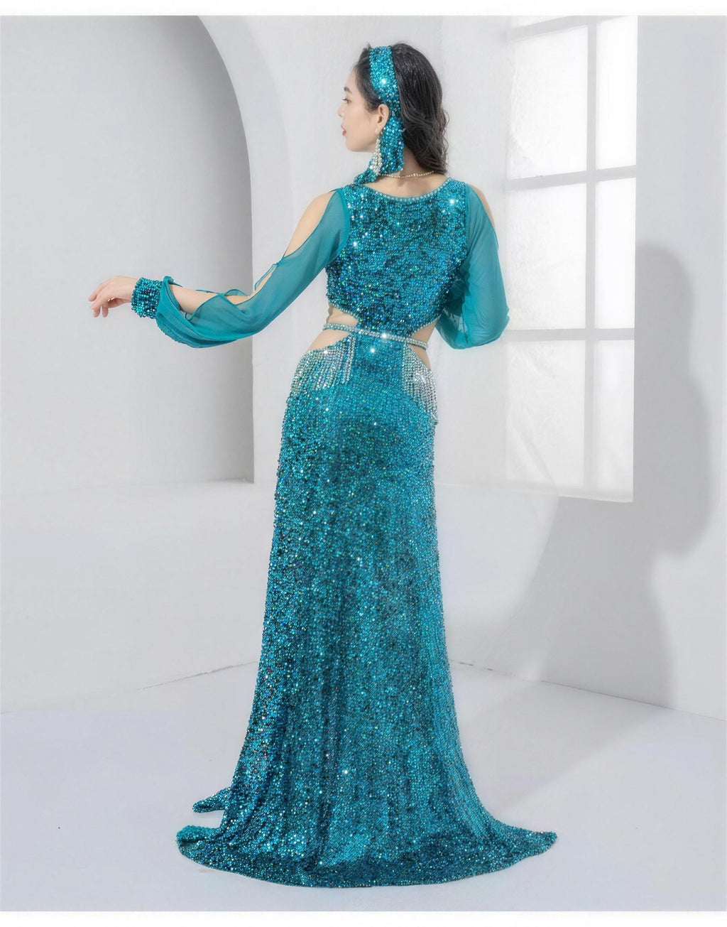 Valentina — Long-Sleeve Sequin Egyptian Belly Dance Dress with Headband