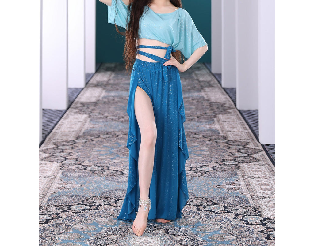 Wrap crop top and ruffle high-slit belly dance skirt set