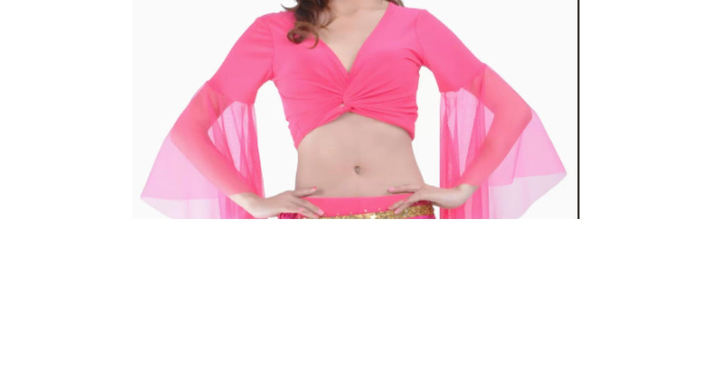 Twist-front belly dance crop top with flared mesh sleeves