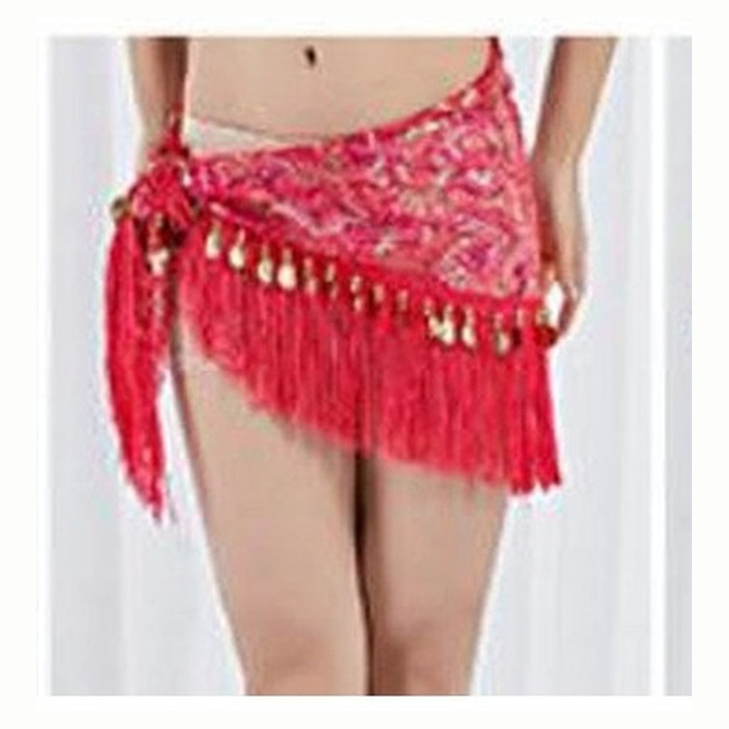 Ruby hip scarf in Rose Red with Gold Coins