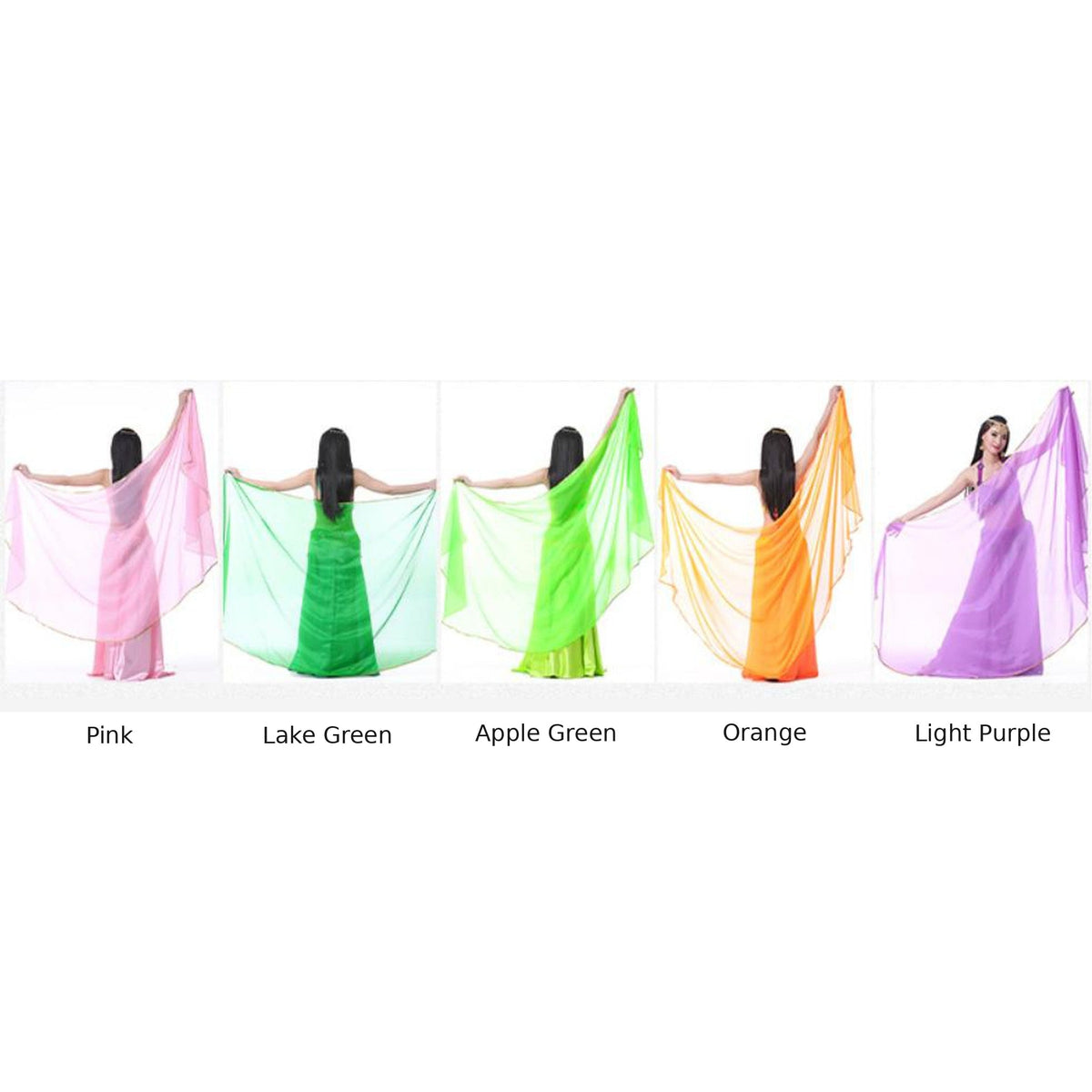 Serena chiffon veil colour chart - Pink, Lake Green, Apple Green, Orange, Light Purple
