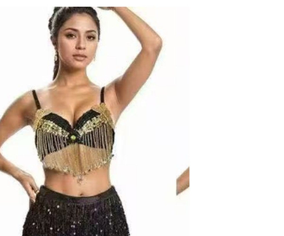 Bianca Underwired Sequin Belly Dance Bra Top with Chain Fringe in Black