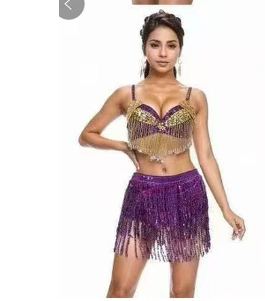 Bianca Underwired Sequin Belly Dance Bra Top with Chain Fringe in Purple