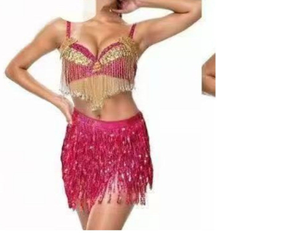 Bianca Underwired Sequin Belly Dance Bra Top with Chain Fringe in Pink