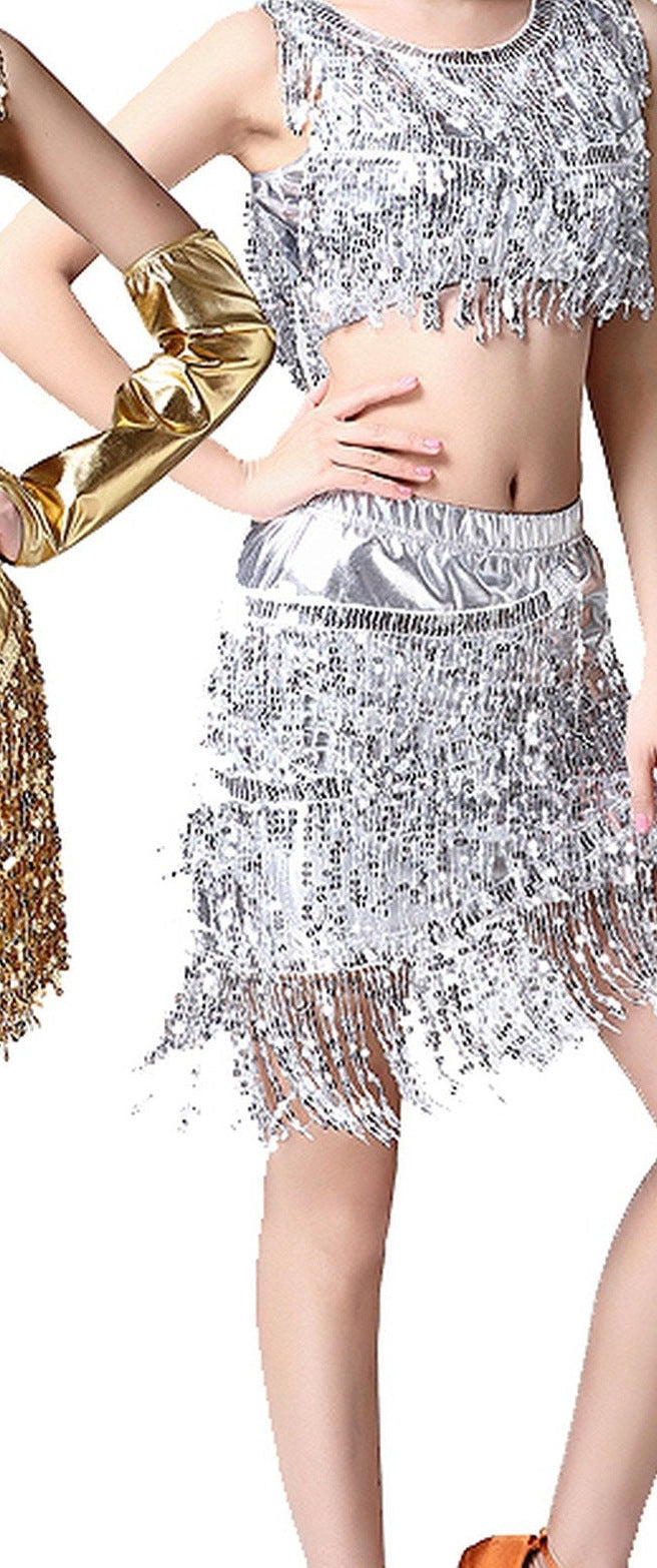 Charlotte Sequin Tassel Fringe Cami & Skirt Festival Set in Silver