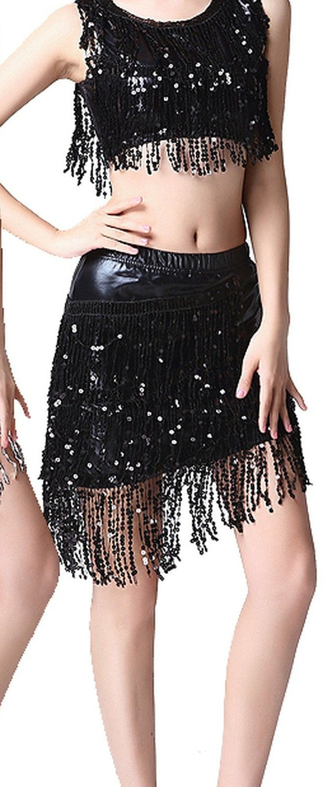 Charlotte Sequin Tassel Fringe Cami & Skirt Festival Set in Black