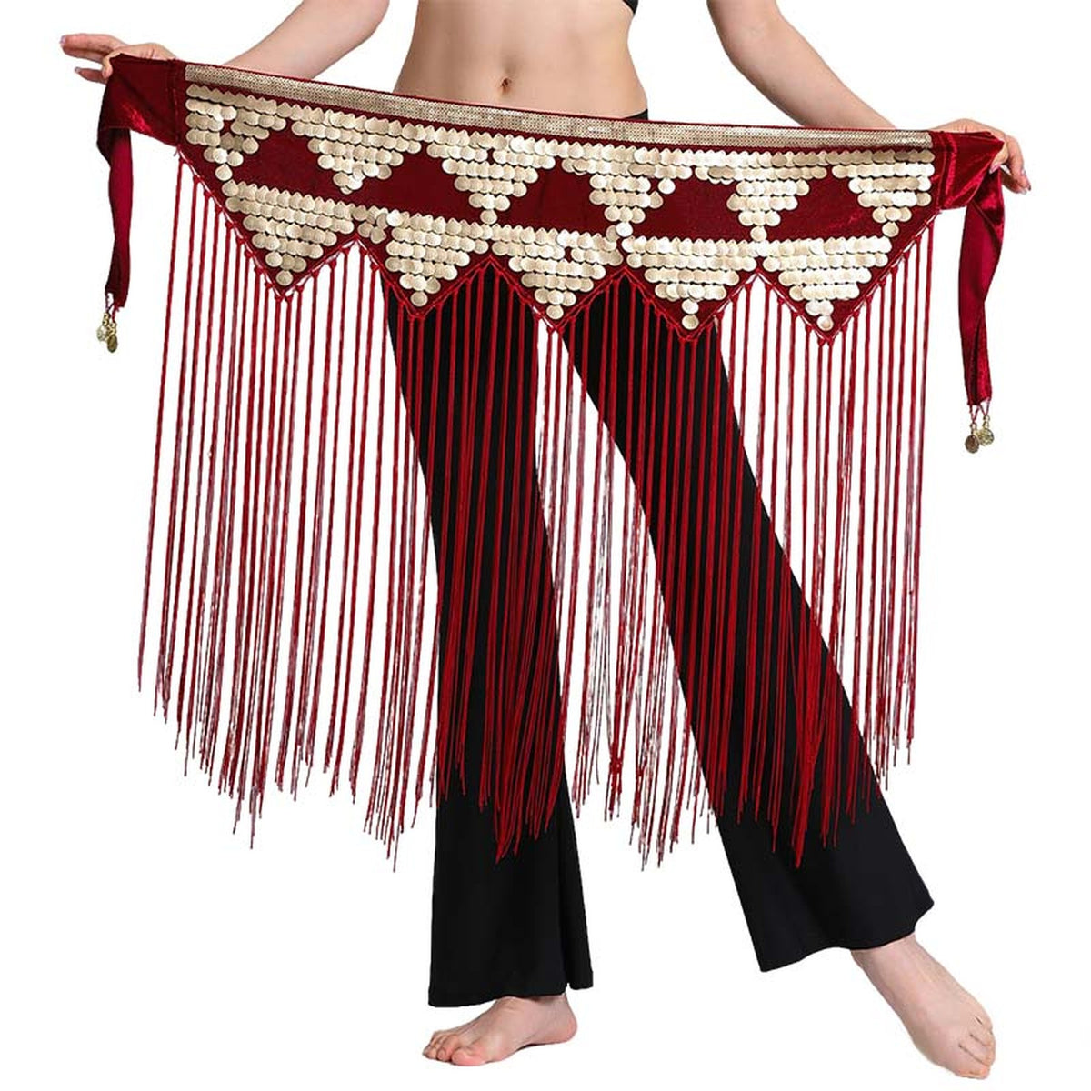 Burgundy velvet tribal belt with pearl beads and fringe