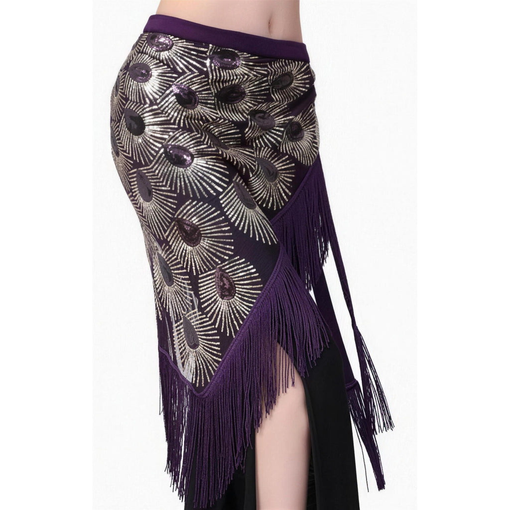 Embroidered sequin mesh wrap skirt with fringe in purple and silver