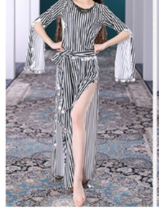 Fiona Metallic Stripe Saidi Belly Dance Dress Set with Coin Sash in Silver