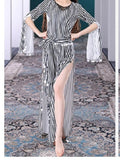Fiona Metallic Stripe Saidi Belly Dance Dress Set with Coin Sash in Silver