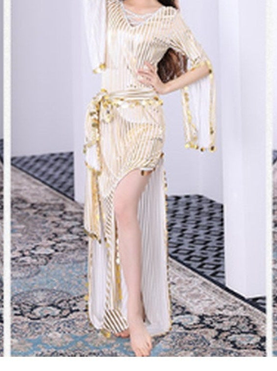 Fiona Metallic Stripe Saidi Belly Dance Dress Set with Coin Sash in Gold