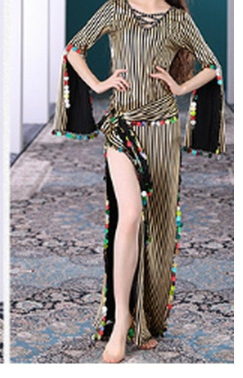 Fiona Metallic Stripe Saidi Belly Dance Dress Set with Coin Sash in Olive