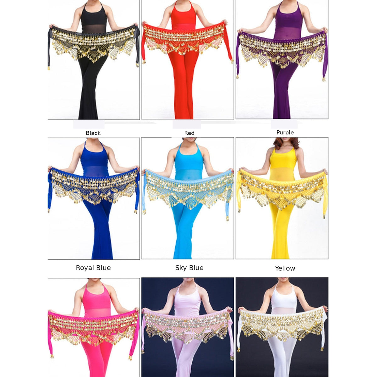Nell chiffon coin hip scarf colour chart - Black, Red, Purple, Royal Blue, Sky Blue, Yellow