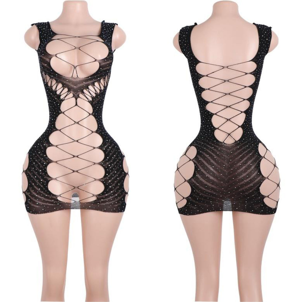 Raven Rhinestone Fishnet Mini Dress