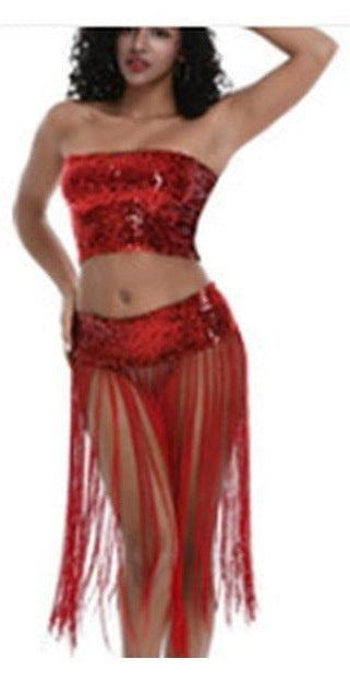 Marlowe Sequin Fringe Belly Dance Set in Red
