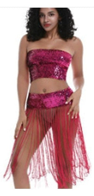 Marlowe Sequin Fringe Belly Dance Set in Rose Red