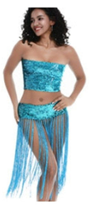 Marlowe Sequin Fringe Belly Dance Set in Lake Blue