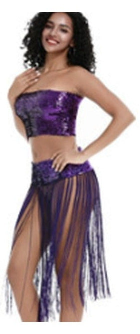 Marlowe Sequin Fringe Belly Dance Set in Purple