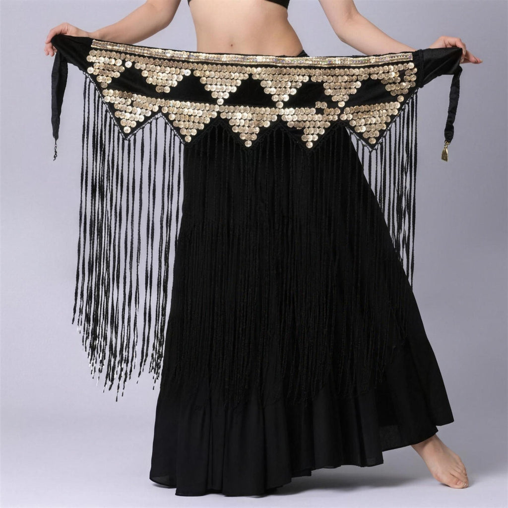 Tribal coin belt with bead fringe in black and white