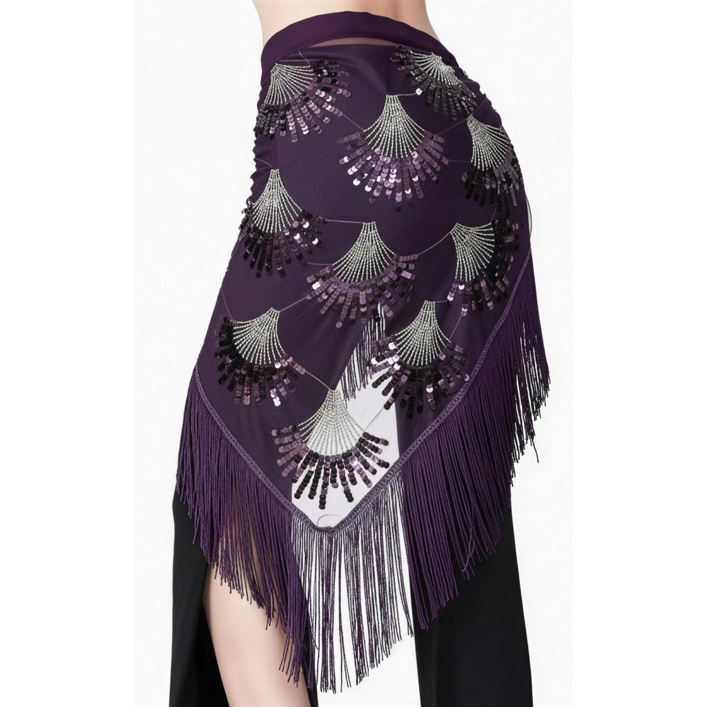 Purple embroidered wrap skirt with silver swirl sequin pattern