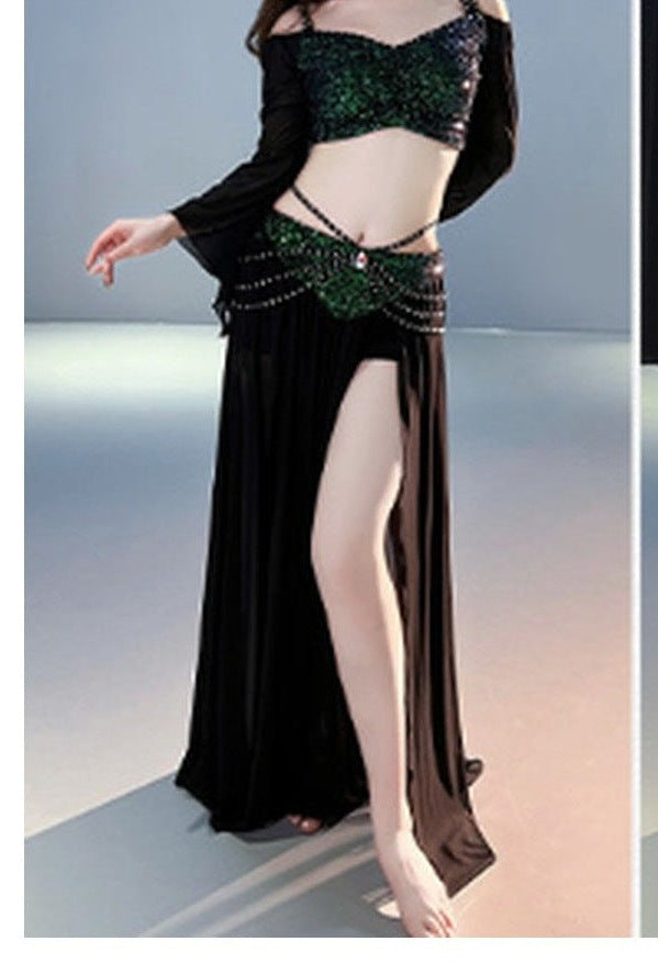 Rowan Beaded Mesh Flare-Sleeve Egyptian Belly Dance Top & Slit Ski in Black
