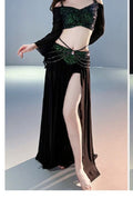 Rowan Beaded Mesh Flare-Sleeve Egyptian Belly Dance Top & Slit Ski in Black