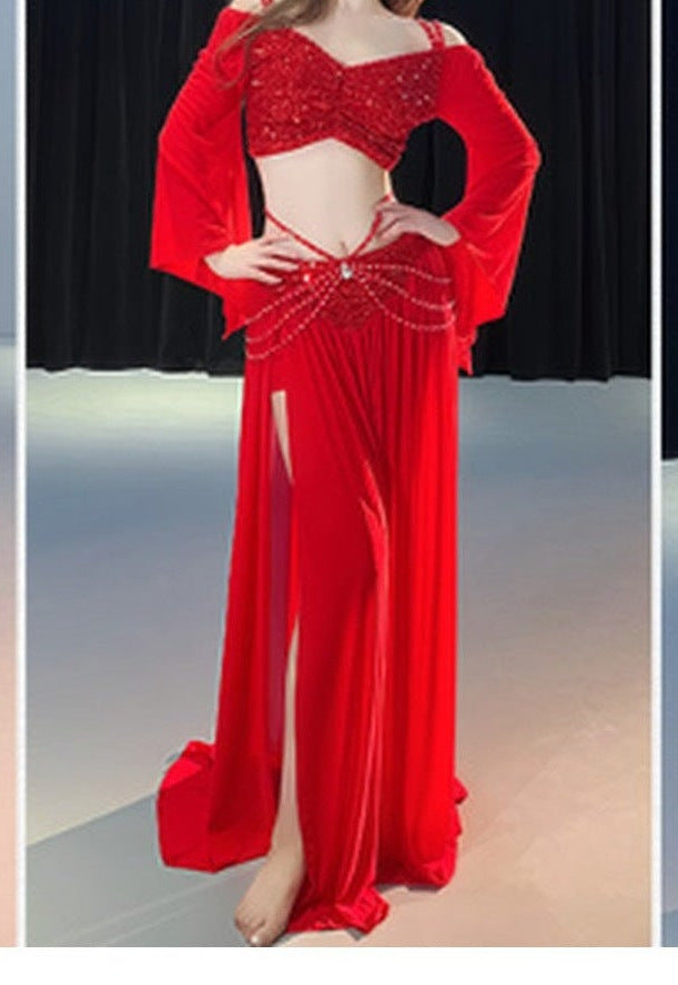 Rowan Beaded Mesh Flare-Sleeve Egyptian Belly Dance Top & Slit Ski in Red