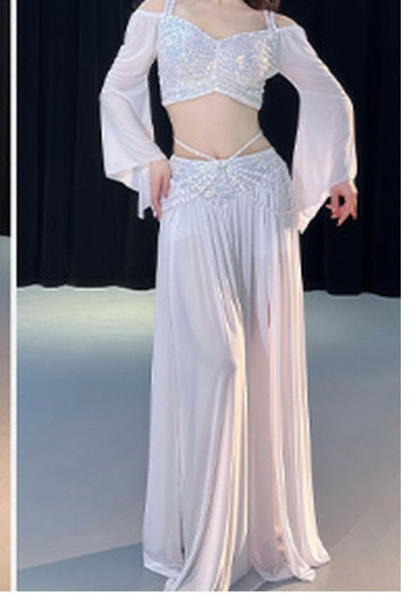 Rowan Beaded Mesh Flare-Sleeve Egyptian Belly Dance Top & Slit Ski in White & Champagne