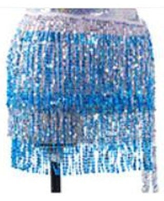 Tessa Tiered Sequin Fringe Hip Skirt for Belly Dance & Rave in White with Silver & Lake Blue