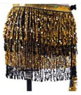 Tessa Tiered Sequin Fringe Hip Skirt for Belly Dance & Rave in Black with Gold & Black