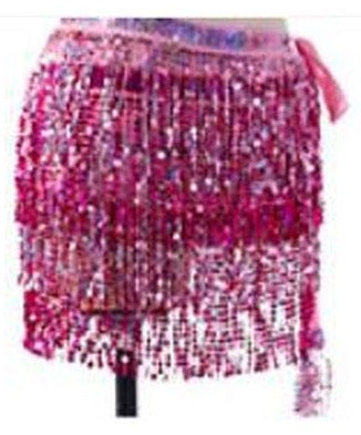 Tessa Tiered Sequin Fringe Hip Skirt for Belly Dance & Rave in Pink with Pink & Rose Red