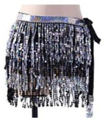 Tessa Tiered Sequin Fringe Hip Skirt for Belly Dance & Rave in Black with Silver & Black
