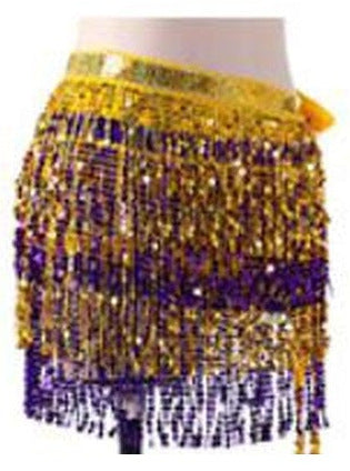 Tessa Tiered Sequin Fringe Hip Skirt for Belly Dance & Rave in Yellow with Gold & Dark Purple