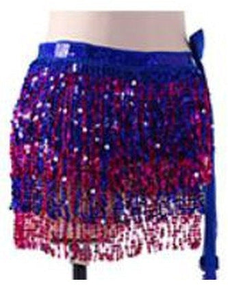 Tessa Tiered Sequin Fringe Hip Skirt for Belly Dance & Rave in Royal Blue with Royal Blue & Rose Red