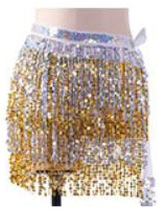 Tessa Tiered Sequin Fringe Hip Skirt for Belly Dance & Rave in White with Silver & Yellow