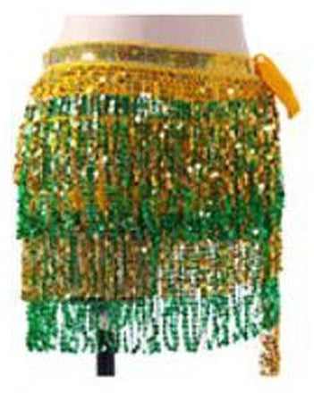 Tessa Tiered Sequin Fringe Hip Skirt for Belly Dance & Rave in Green with Green & Gold