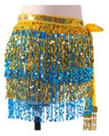 Tessa Tiered Sequin Fringe Hip Skirt for Belly Dance & Rave in Gold with Gold & Blue