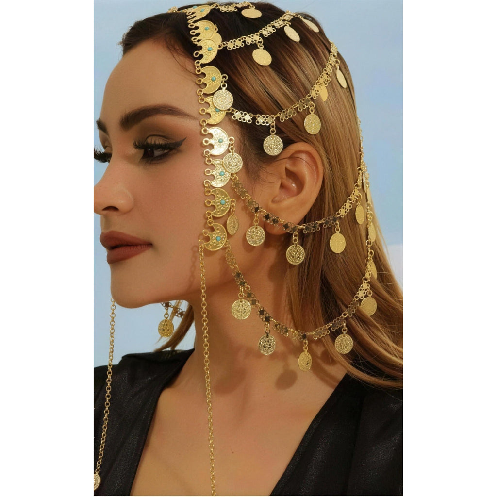 Gold coin head chain with side cascades, side view