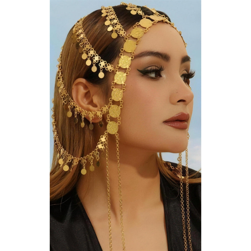 Elaborate gold coin head chain with side cascades, front view