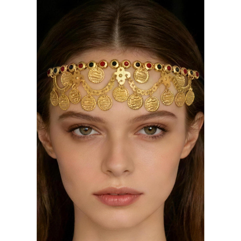 Gold coin headband with centre medallion, adjustable
