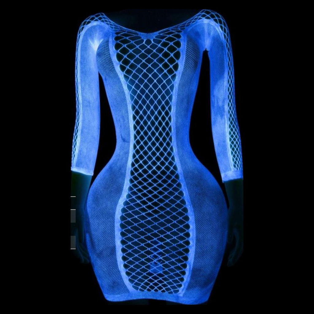 Nova glow-in-the-dark fishnet mini dress in Glow Blue