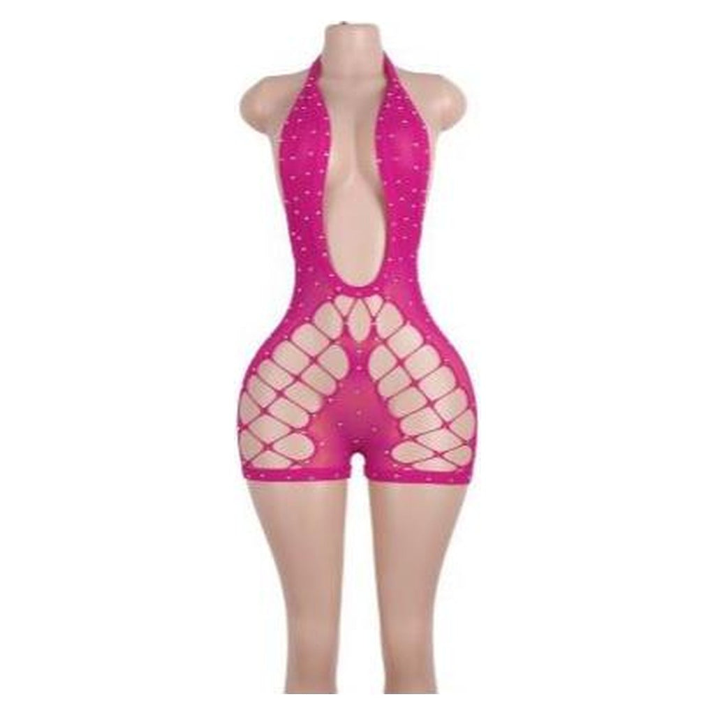 Blake fishnet romper in Hot Pink