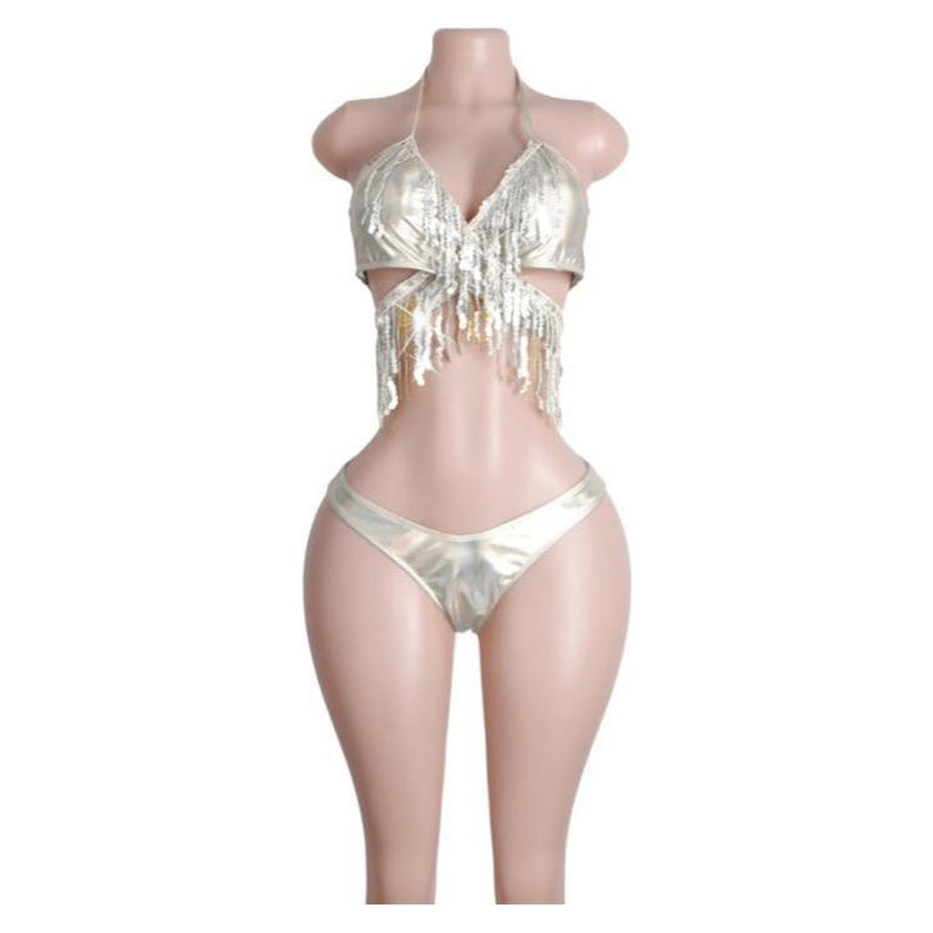 Iris holographic sequin fringe set in Silver White