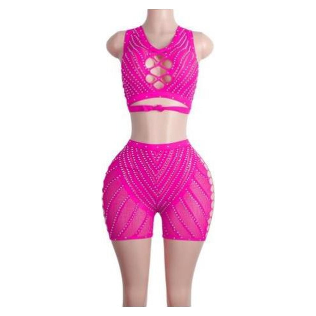 Skylar rhinestone bra and biker shorts in Hot Pink