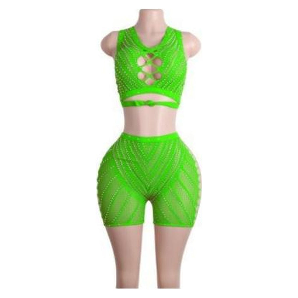Skylar rhinestone bra and biker shorts in Neon Green